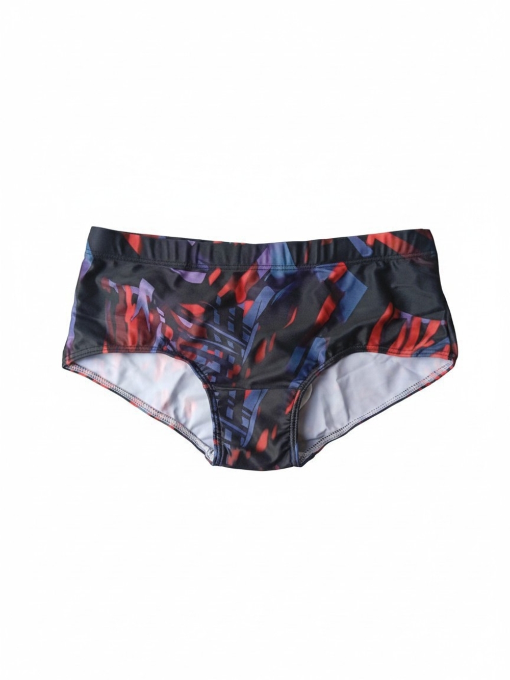 Men's Black Swim Trunks with Red & Blue Abstract Print